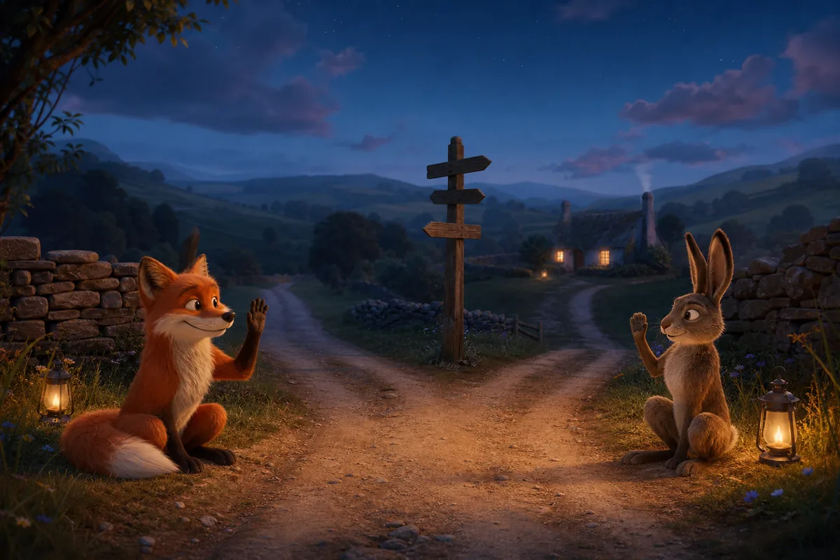 Fuchs und Hase winken sich an einer abgelegenen Wegkreuzung bei Nacht zu