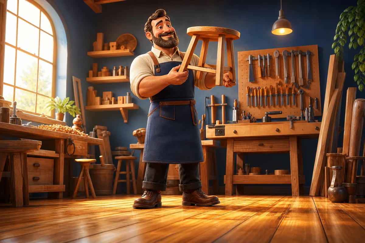 Ein stolzer Handwerker steht mit einem selbst gebauten Hocker auf golden leuchtenden Holzdielen