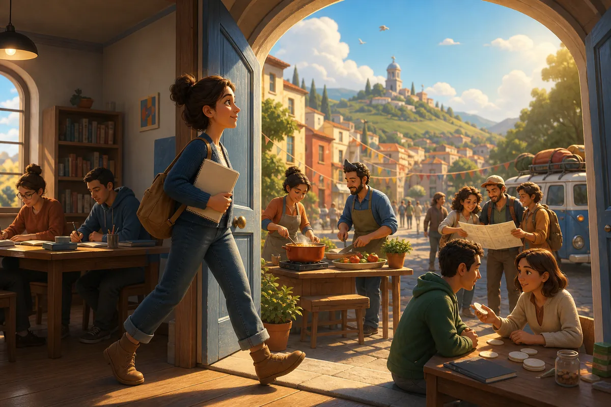 Eine Lernende tritt aus einem Klassenzimmer hinaus in eine lebendige Stadt voller Alltagssituationen
