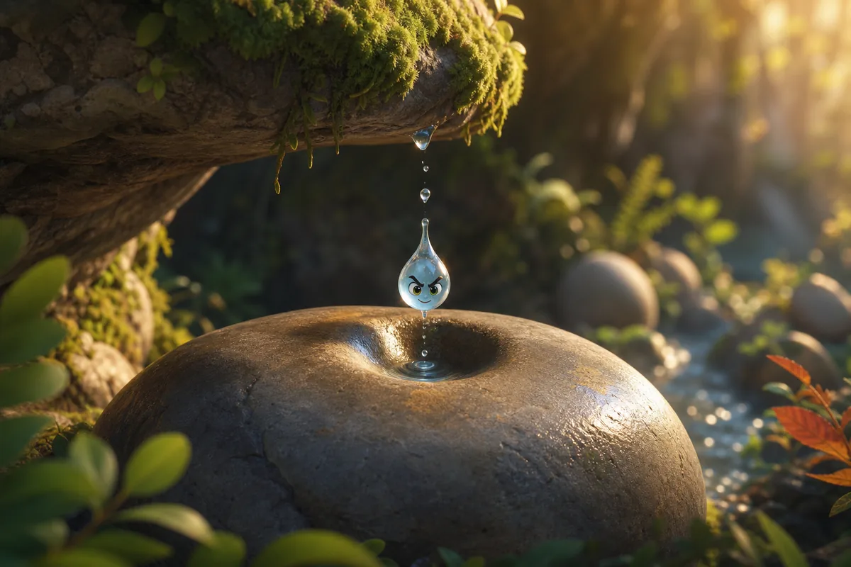 Ein einzelner Wassertropfen fällt immer wieder in eine tiefe Mulde eines Steins