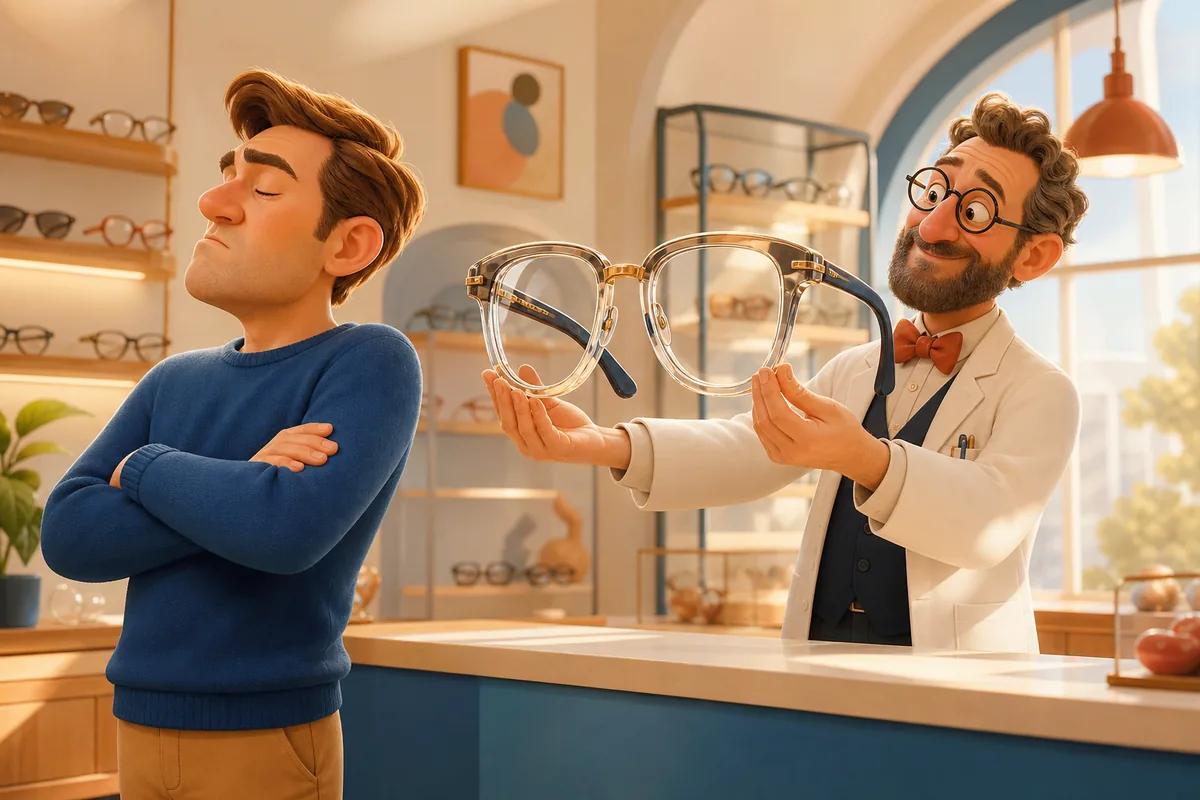 Ein Mann wendet sich mit geschlossenen Augen von einer angebotenen Brille ab